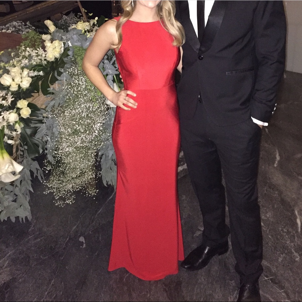 Backless floor length red dress